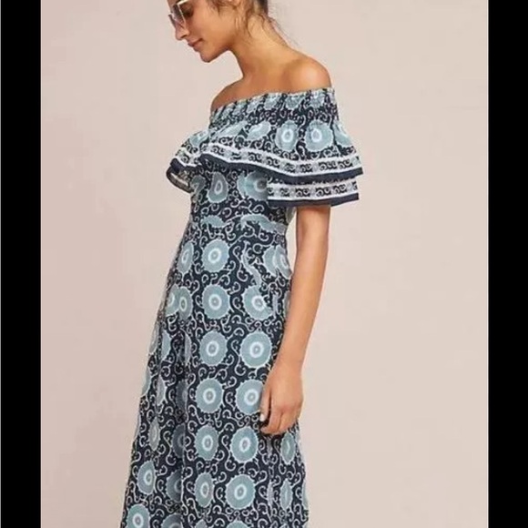 Anthropologie Pants - Anthropologie Kopal ruffled flared off shoulder jumpsuit